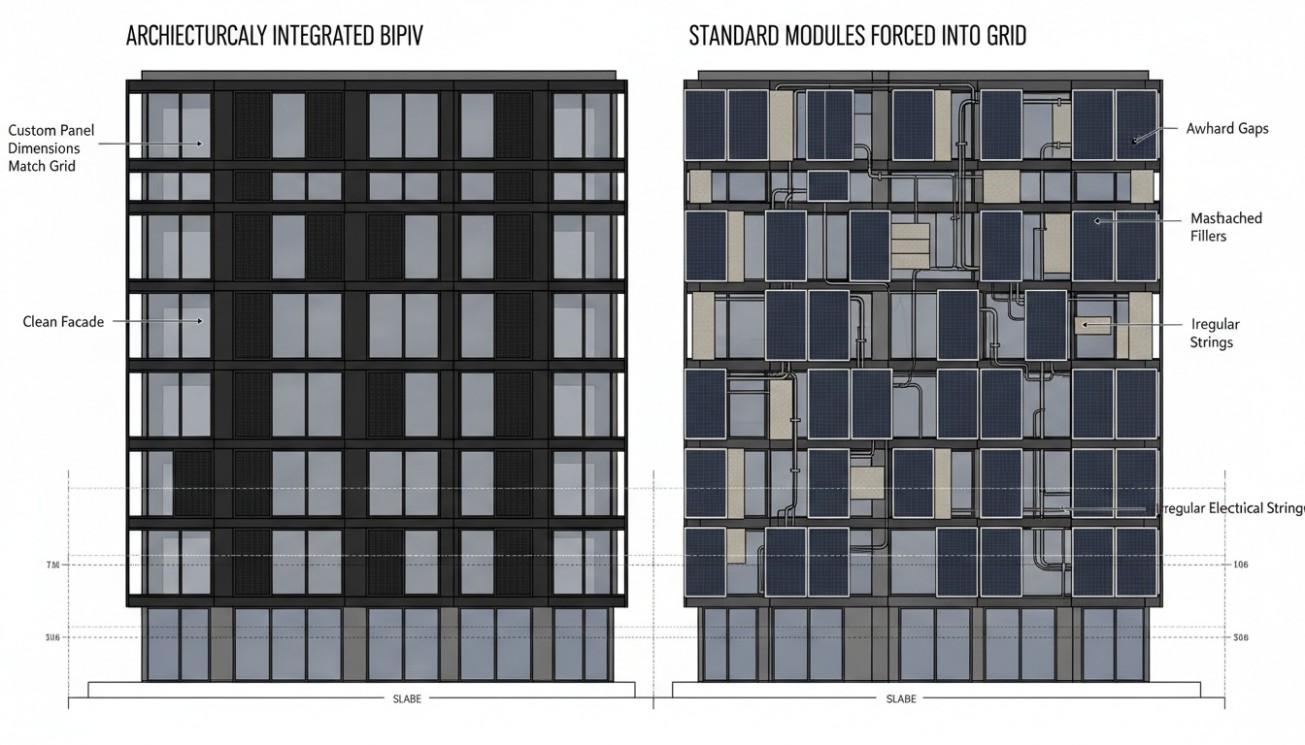 Custom BIPV panel dimensions matching an architectural facade grid compared with standard modules forced into the building grid